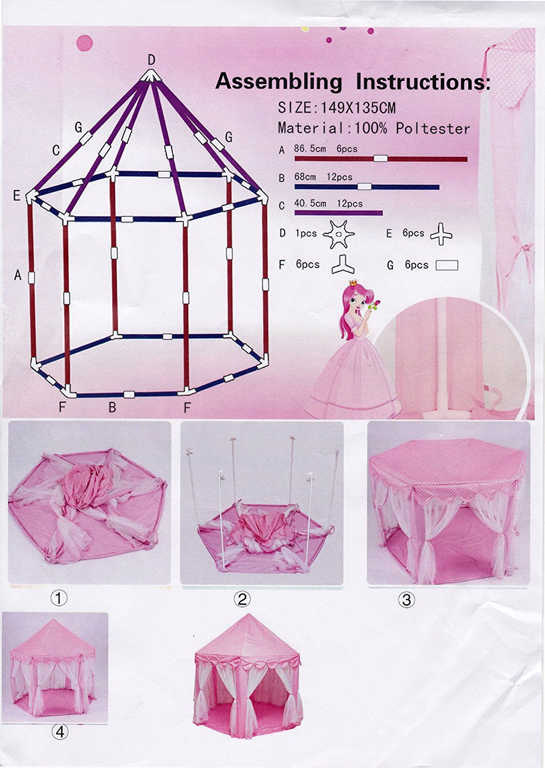 Large Indoor and Outdoor Kids Play House Pink Hexagon Princess Castle Tent Child