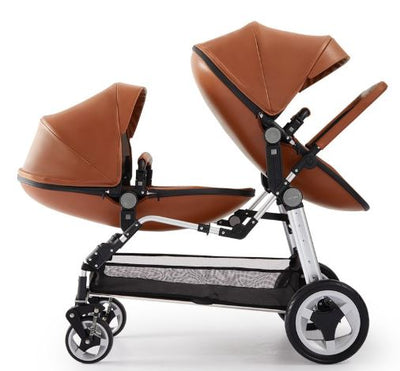 Poussette bébé double jumelle en cuir de luxe Semaco avec berceau convertible