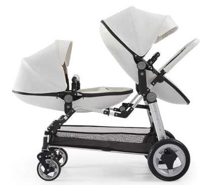 Poussette bébé double jumelle en cuir de luxe Semaco avec berceau convertible