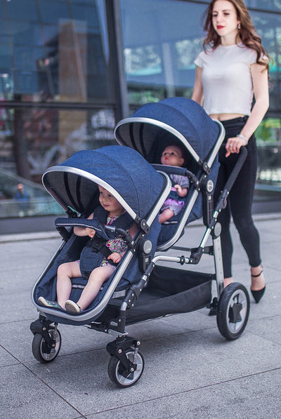 Poussette bébé double jumelle en cuir de luxe Semaco avec berceau convertible