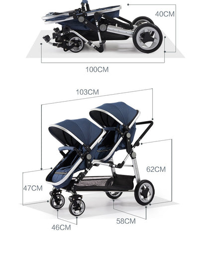 Poussette bébé double jumelle en cuir de luxe Semaco avec berceau convertible